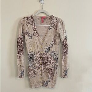 Charlotte Tarantola Floral Metallic Cardigan Sweater V‎ Neck 2010s Neutral Boho